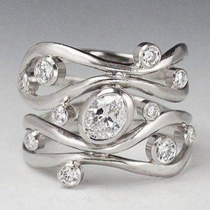 NEW 18K White Gold Diamond Twisted Wave Wide Ring